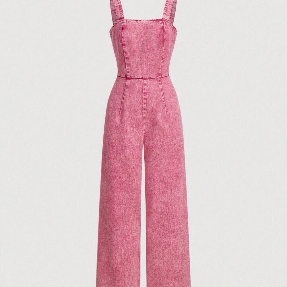 Pink Casual Women's Wide Leg Loose Versatile Denim Bib Pants - Picture 3 of 4